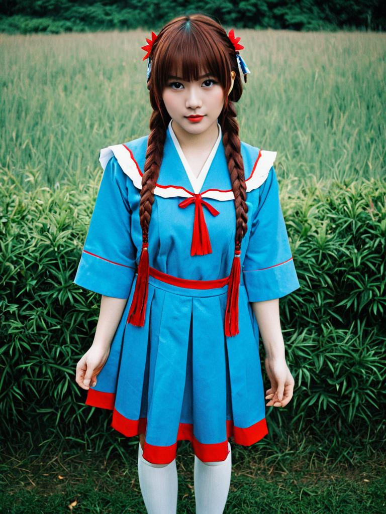 Aoba Kokona in Blue and Red Anime-style School Uniform Outdoor Portrait