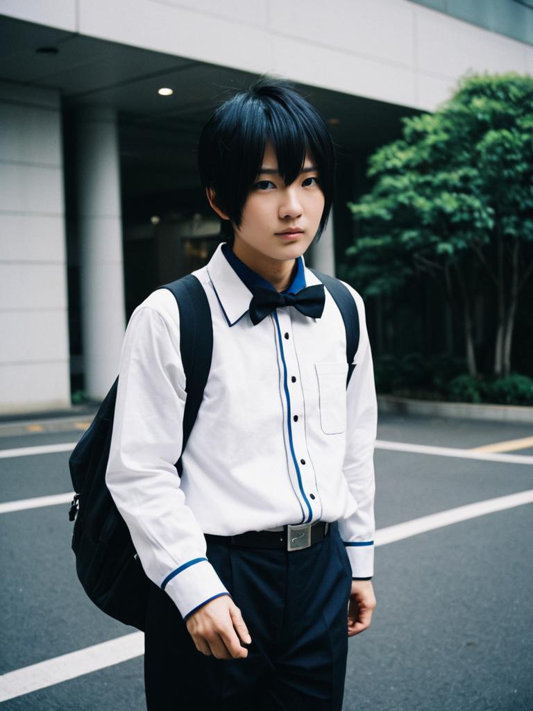 Man Cosplay as Ayumu Fujimori in Realistic Urban Photo