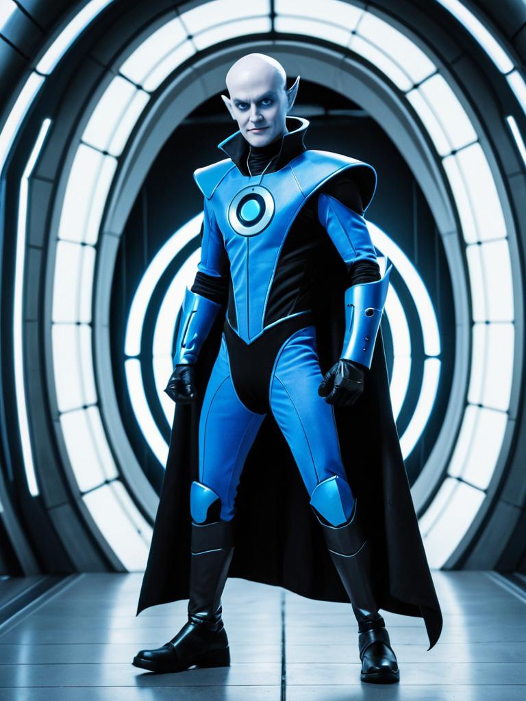 Man in Megamind Costume Full Body Cosplay Photo in Futuristic Backdrop