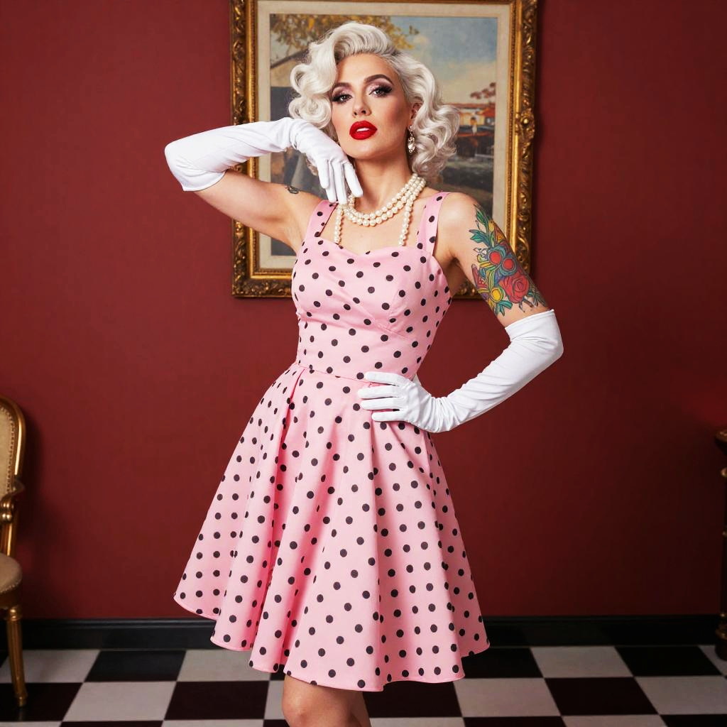 Vintage 1950s Style Woman in Pink Polka Dot Dress with Floral Tattoo