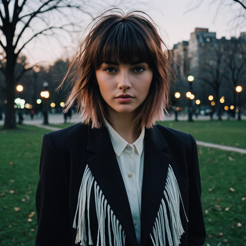 Young Woman in Black Blazer with Fringe Details in Urban Park at Twilight