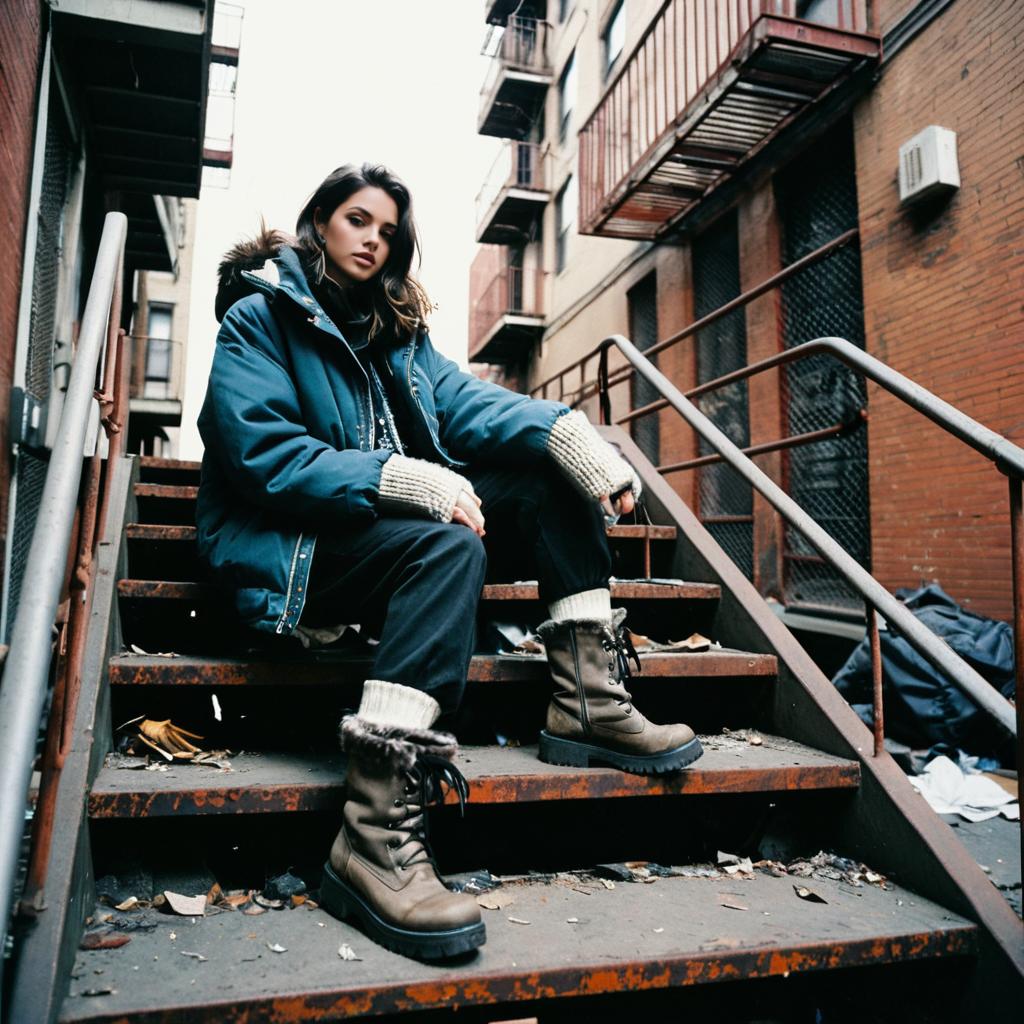 Urban Street Style Portrait of Woman in Blue Parka on Metal Stairs