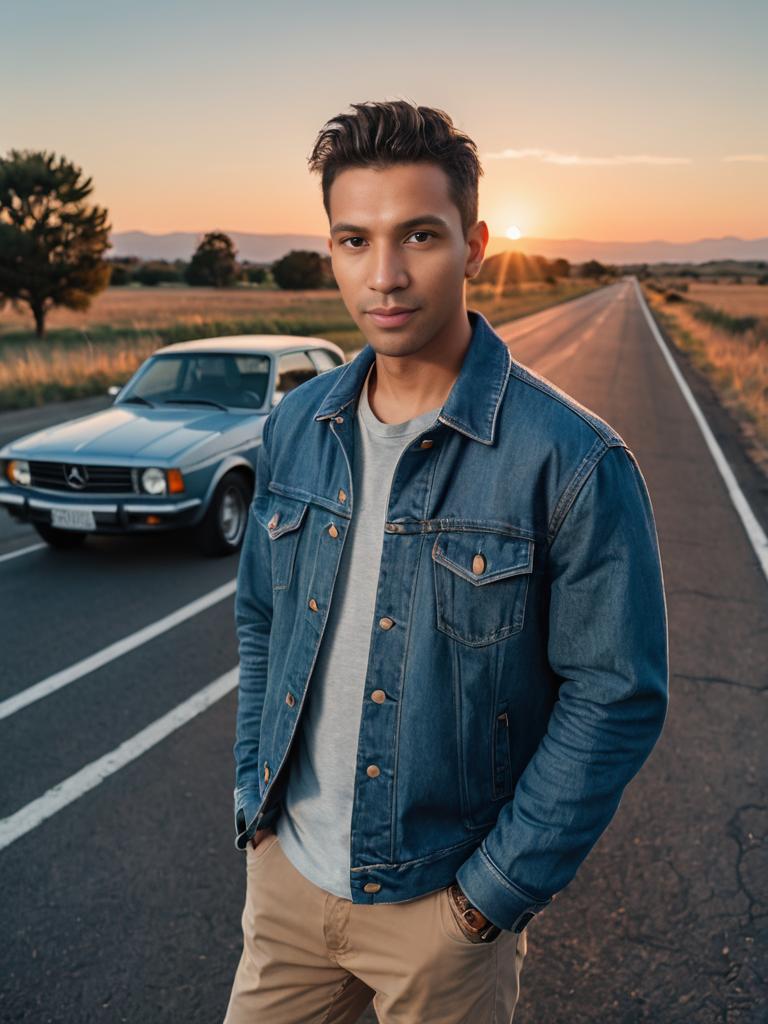 Casual man in denim jacket by sunset car