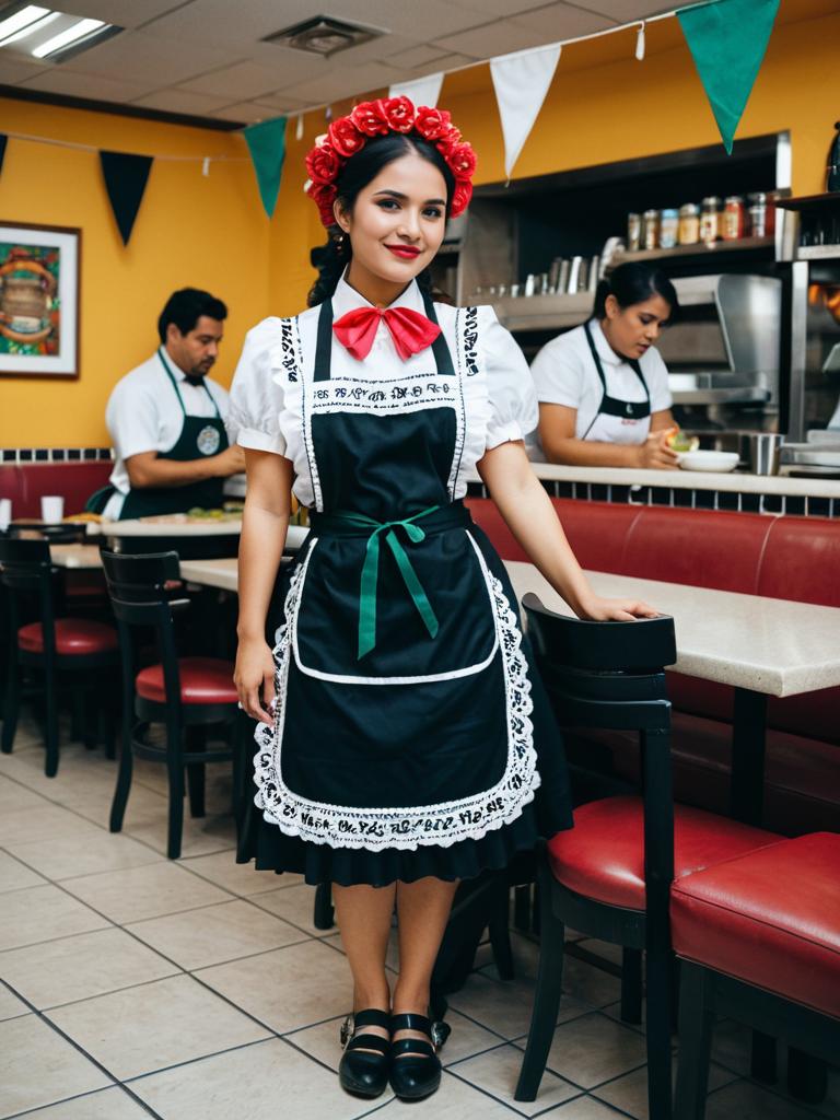 Woman in Traditional Mexican Waitress Costume with Apron and Floral Headband in Restaurant