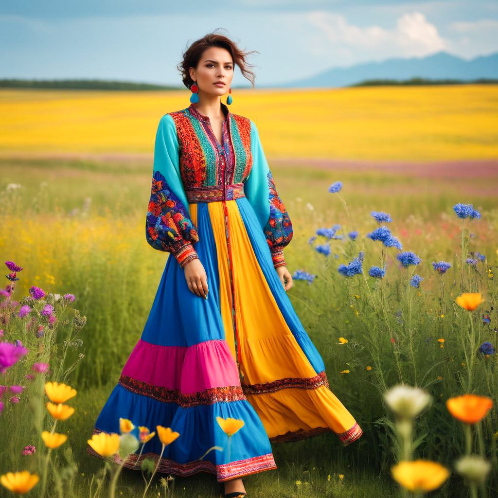 Woman in Colorful Traditional Outfit Among Wildflowers