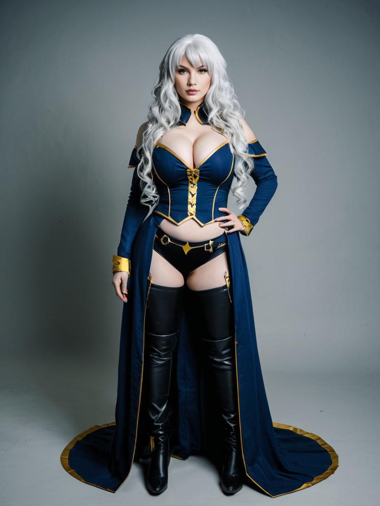 Carmilla Fate Cosplay Woman in Blue and Gold Fantasy Costume
