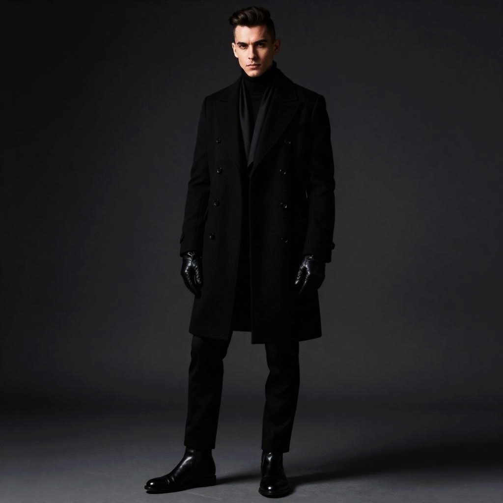 Gen Z Man in Sleek Black Coat and Leather Gloves Fashion Portrait