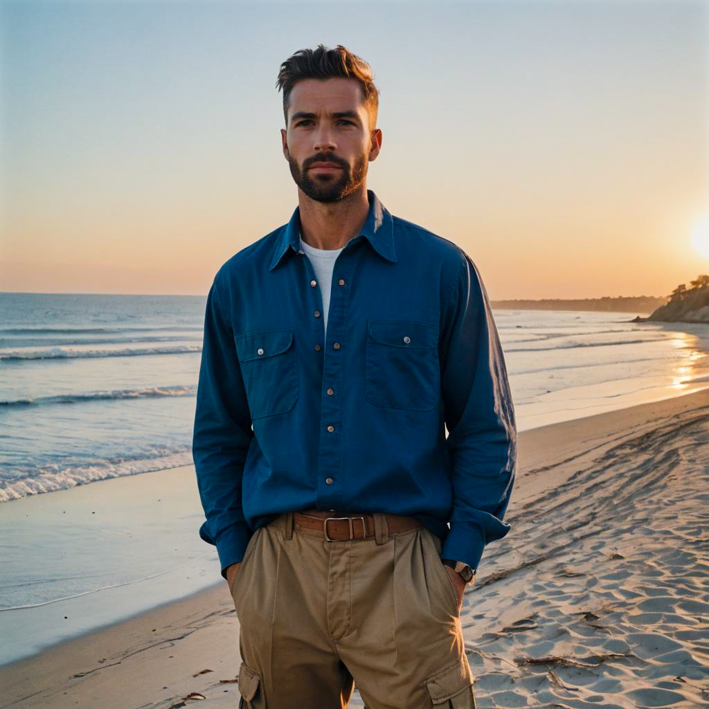 Man Standing on Beach at Sunset Wearing Blue Shirt and Cargo Pants