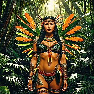 Tribal Woman in Vibrant Feather Costume in Jungle