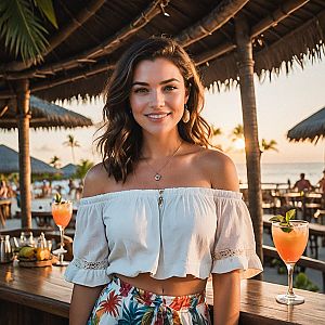 Woman Enjoying Tropical Sunset with Cocktails