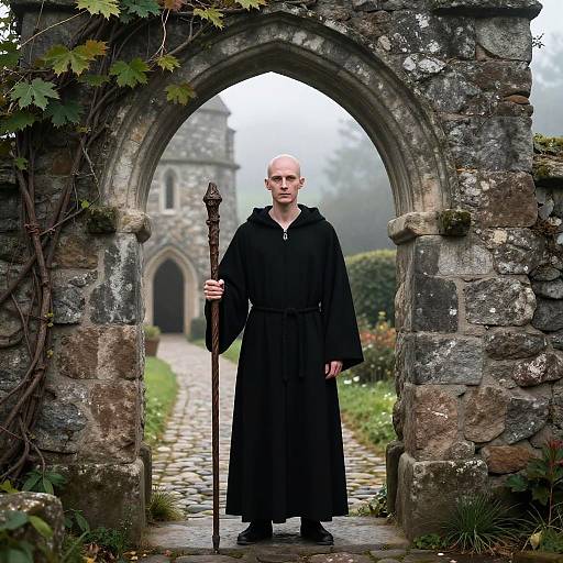 Man in Black Hooded Robe Holding Staff in Medieval Archway