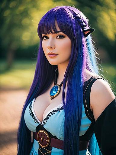 Woman with Purple Hair in Fantasy Cosplay Costume Outdoors