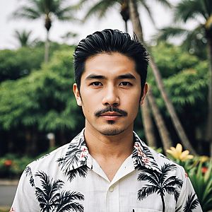 Man in Hawaiian Shirt with Tropical Background