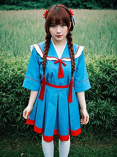 Aoba Kokona in Blue and Red Anime-style School Uniform Outdoor Portrait