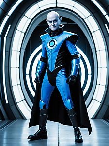 Man in Megamind Costume Full Body Cosplay Photo in Futuristic Backdrop