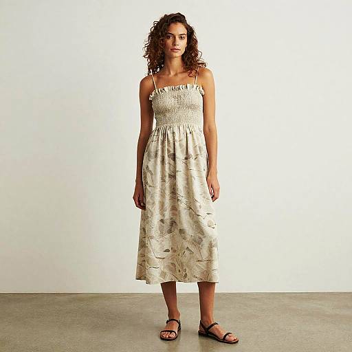 Young Woman in Beige Smocked Bodice Midi Dress with Marbled Pattern
