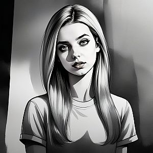 Black-and-white digital portrait of a young woman