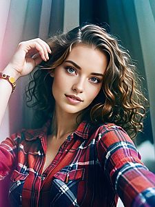 Confident young woman with curly hair in plaid shirt