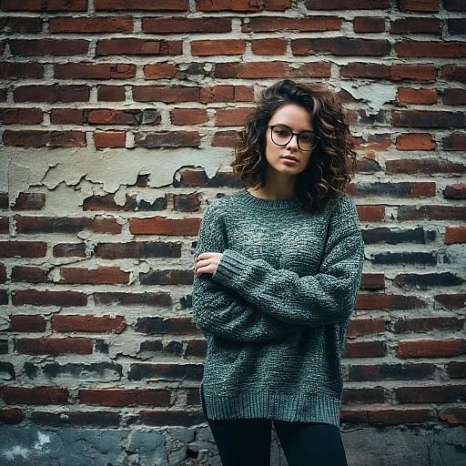 Young Woman in Gray Sweater Standing by Weathered Brick Wall