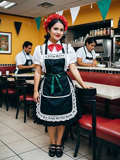Woman in Traditional Mexican Waitress Costume with Apron and Floral Headband in Restaurant