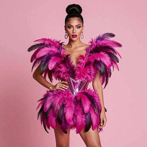 Glamorous Woman in Pink Feathered Carnival Costume with Dramatic Makeup