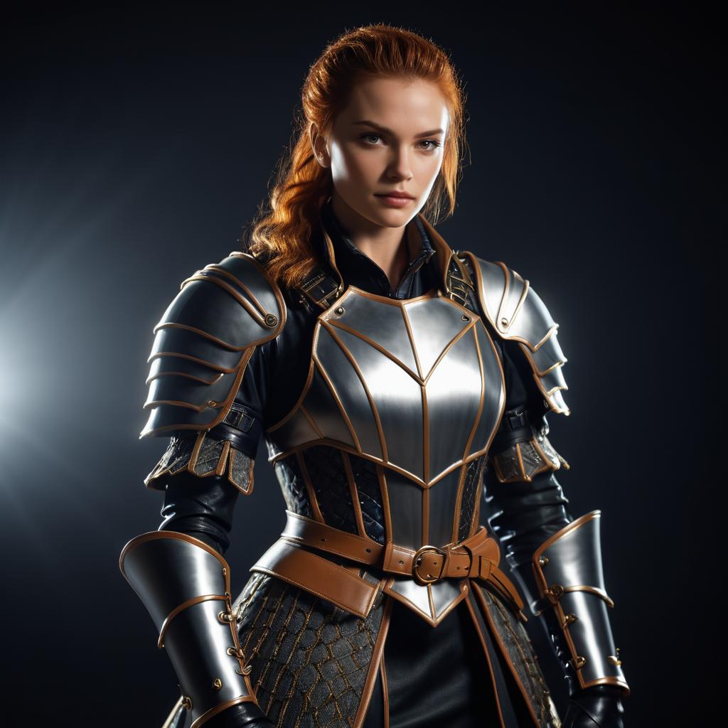 Woman in Medieval Style Armor with Red Hair in Dramatic Lighting