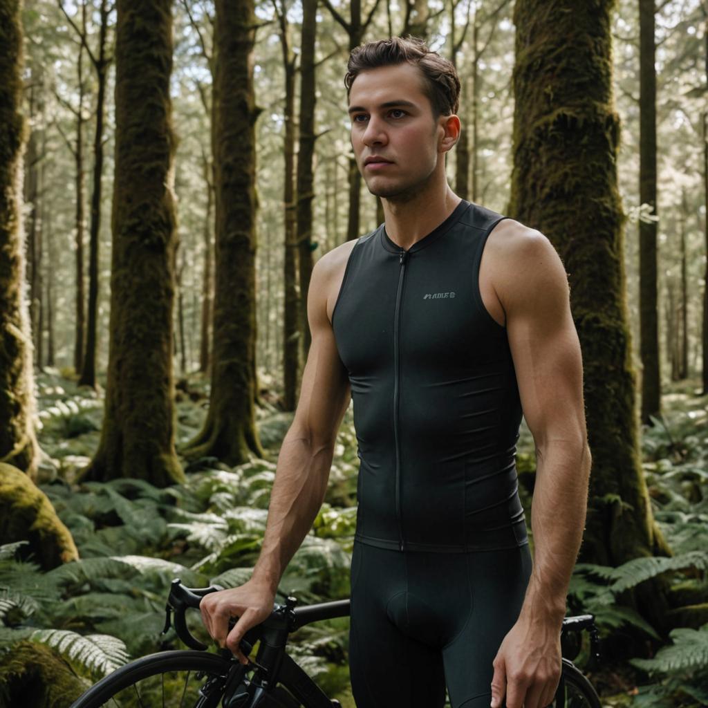 Athletic Man with Bicycle in Forest