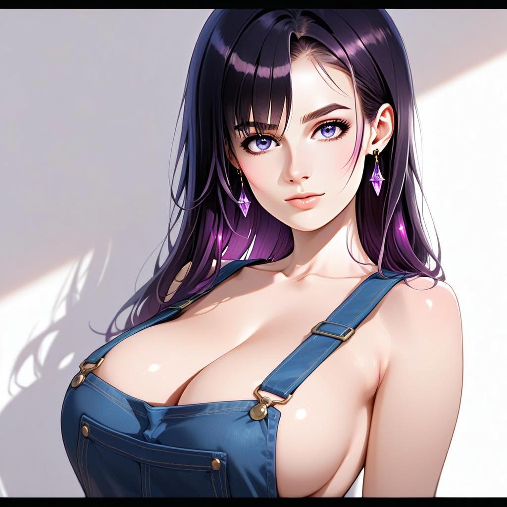 Realistic Anime Style Portrait of Woman with Purple Hair in Denim Overall