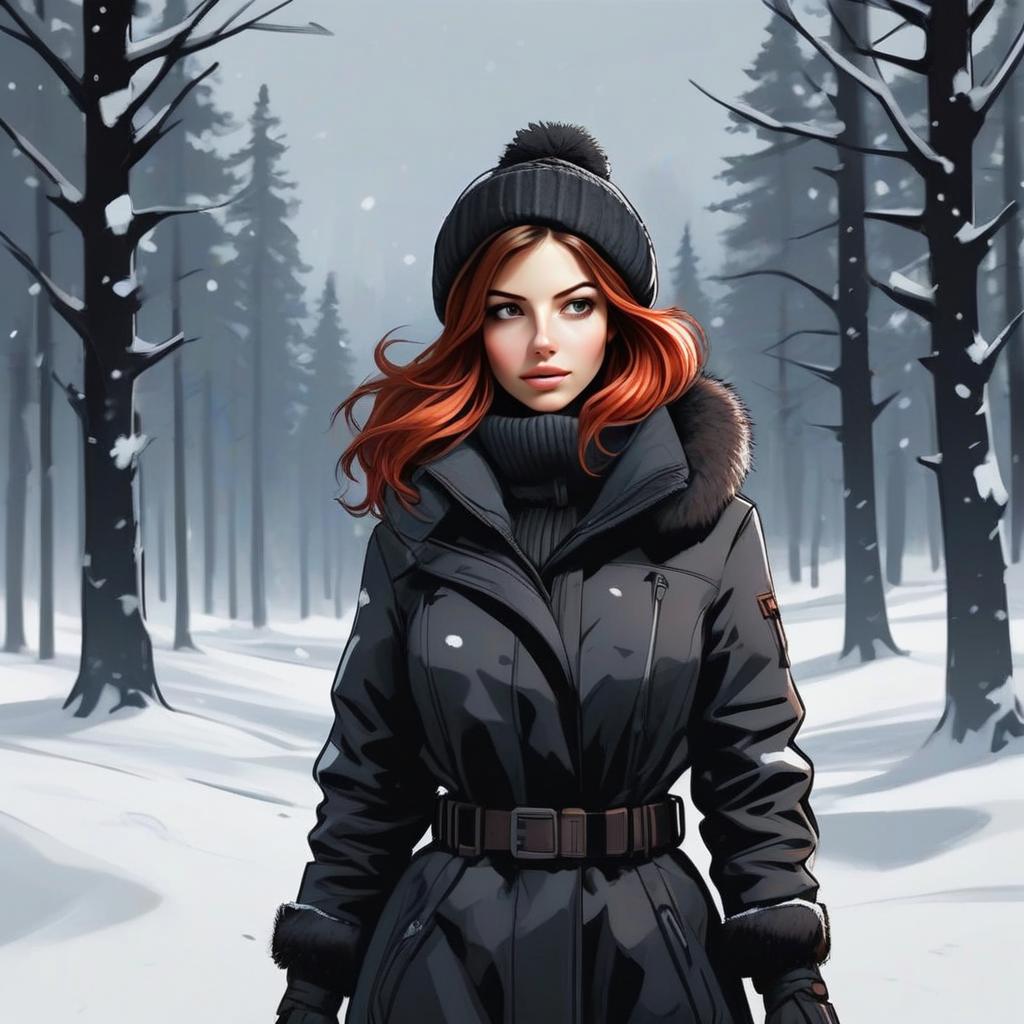 Woman with Red Hair in Snowy Forest