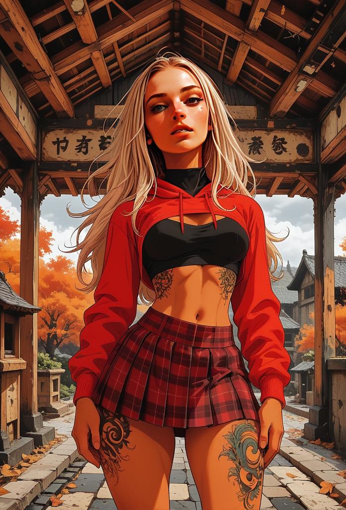 Anime Style Woman in Red Plaid Skirt and Cropped Hoodie by Japanese Gate