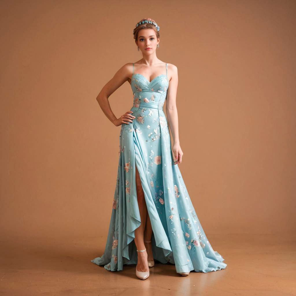 Elegant Woman in Blue Gown with Floral Embroidery