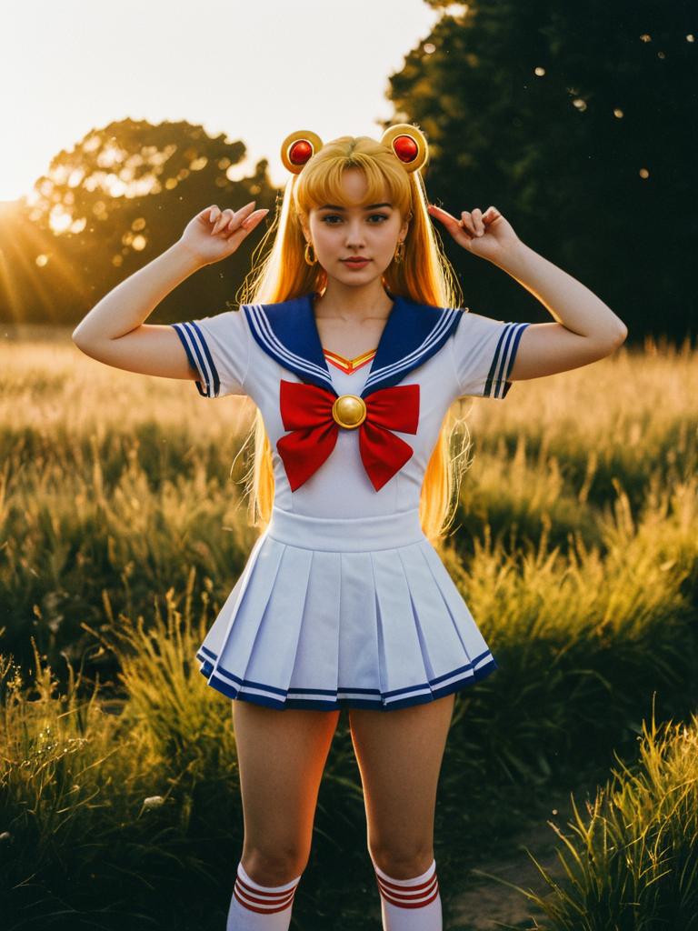 Woman in Sailor Moon Costume Outdoor Cosplay in Golden Hour Light