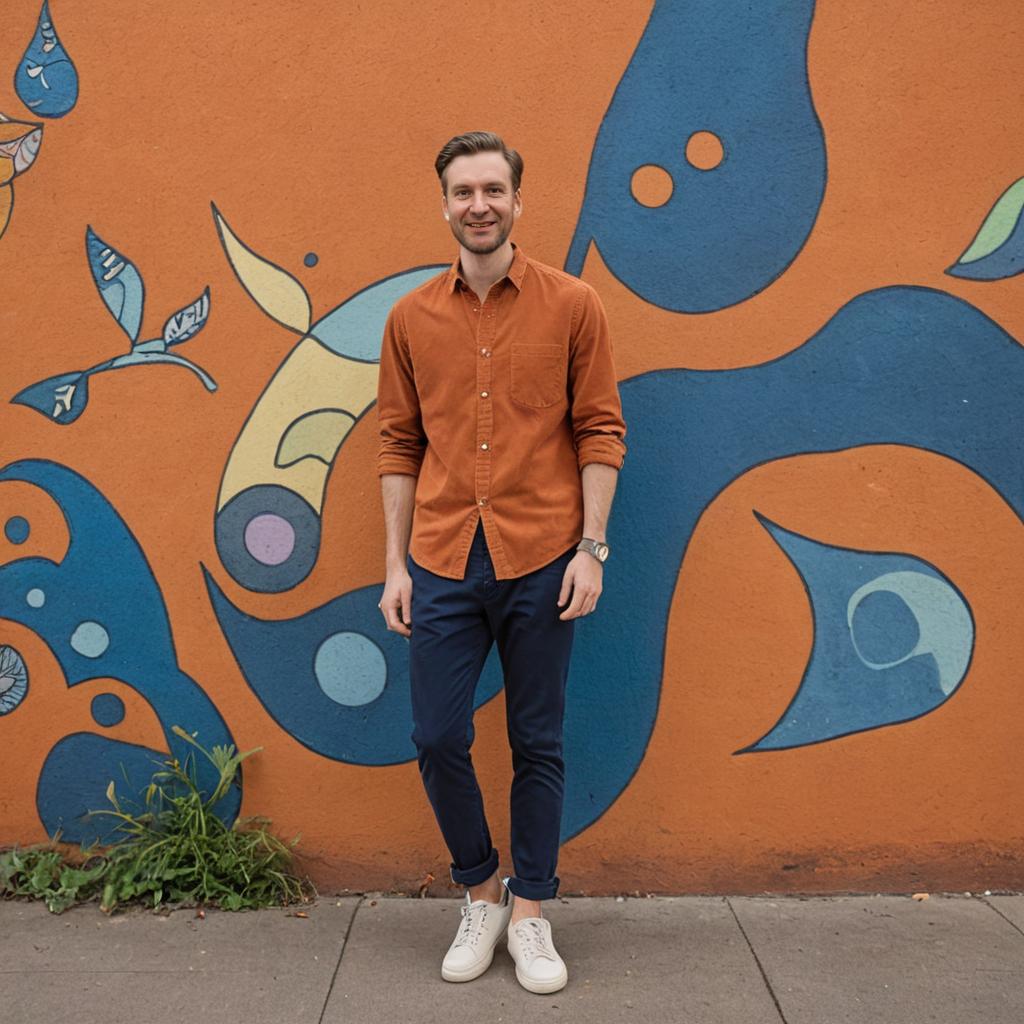 Confident Man Smiling in Front of Abstract Mural