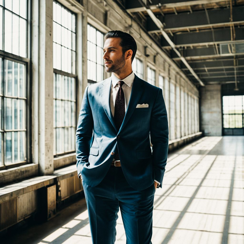 Confident Man in Blue Suit in Industrial Room
