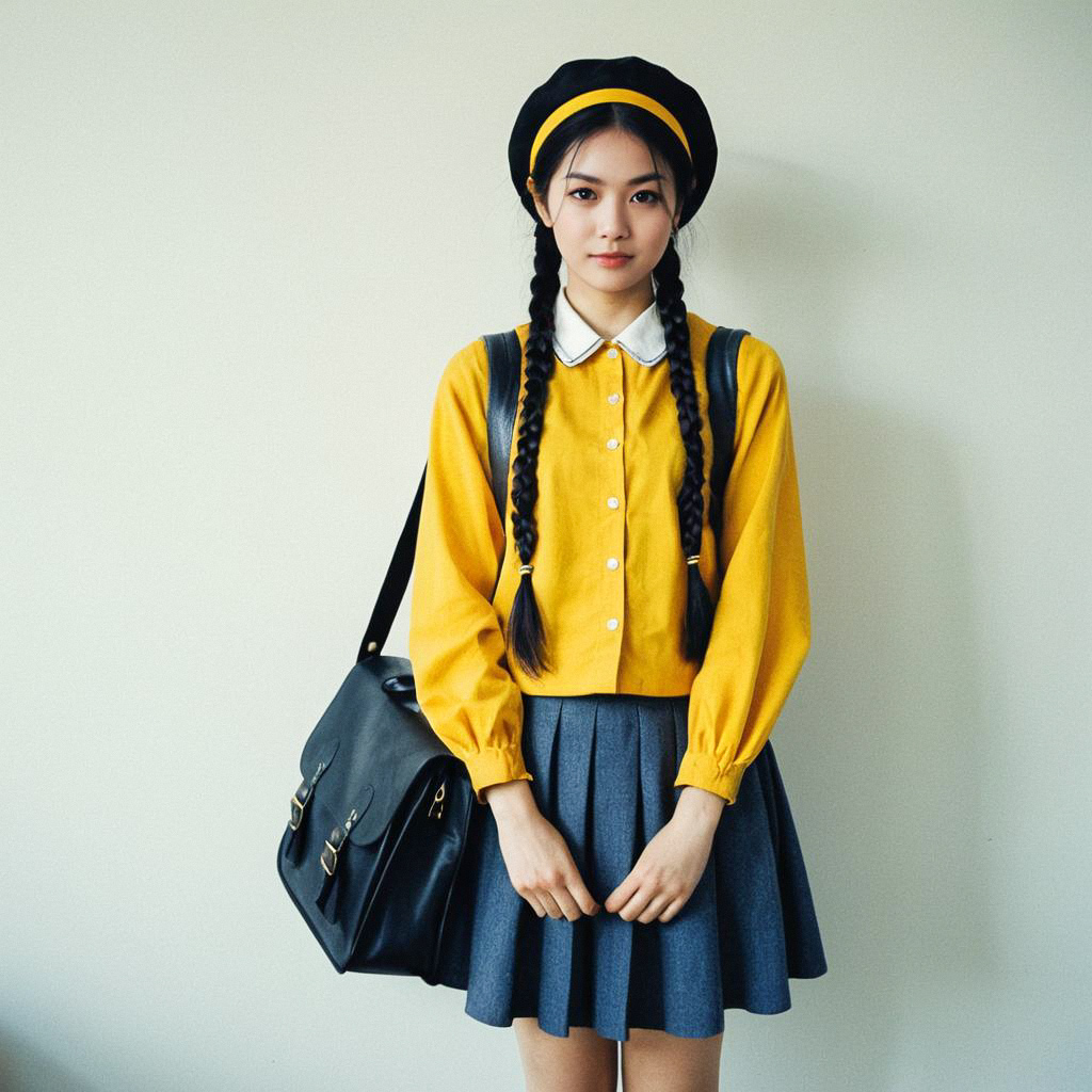 Young Woman in Schoolgirl Outfit with Braids