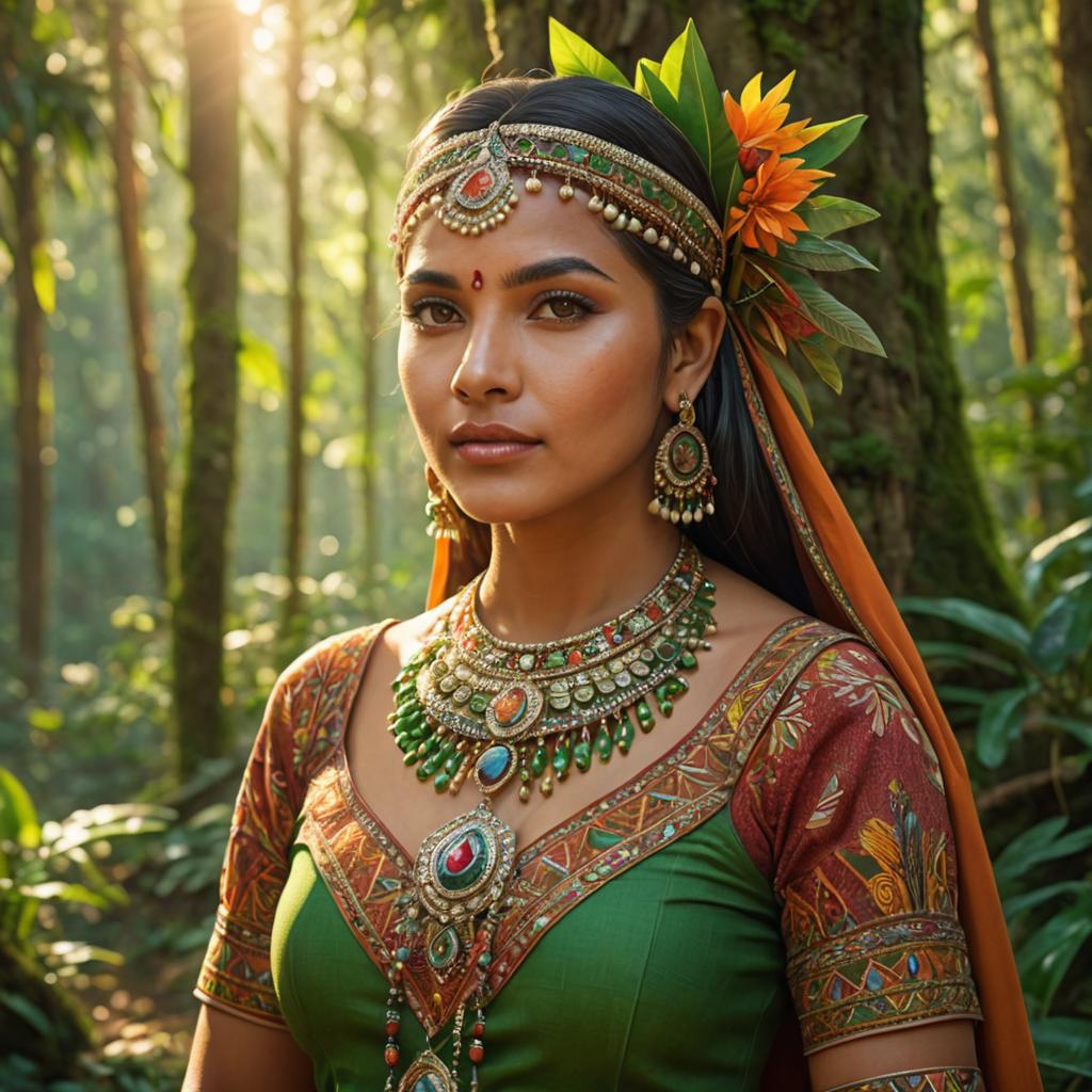 Indigenous Woman in Traditional Attire in Forest