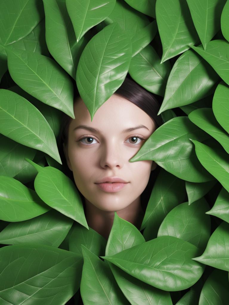 Woman Among Green Leaves - Nature and Beauty