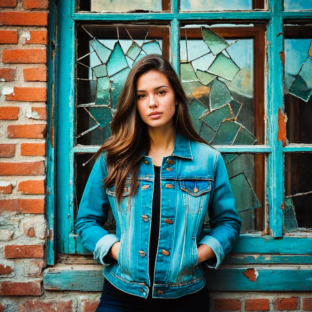 Young Woman in Denim Jacket by Vintage Window