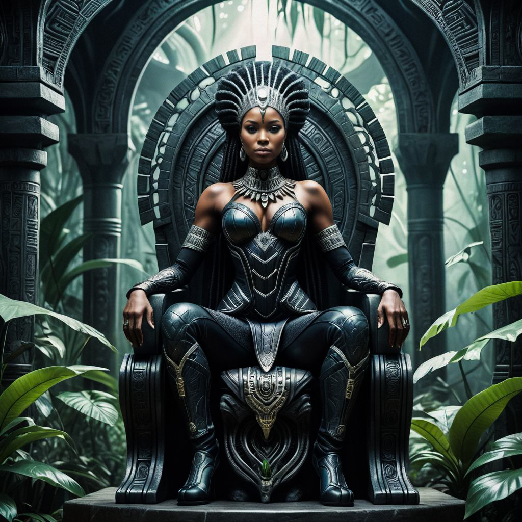 Powerful Woman in Dark Armor on Throne