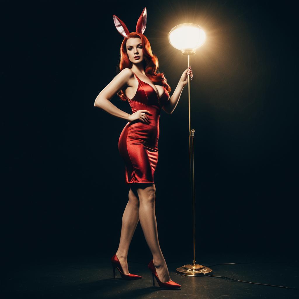 Elegant Woman in Red Satin Dress with Bunny Ears and Vintage Lamp