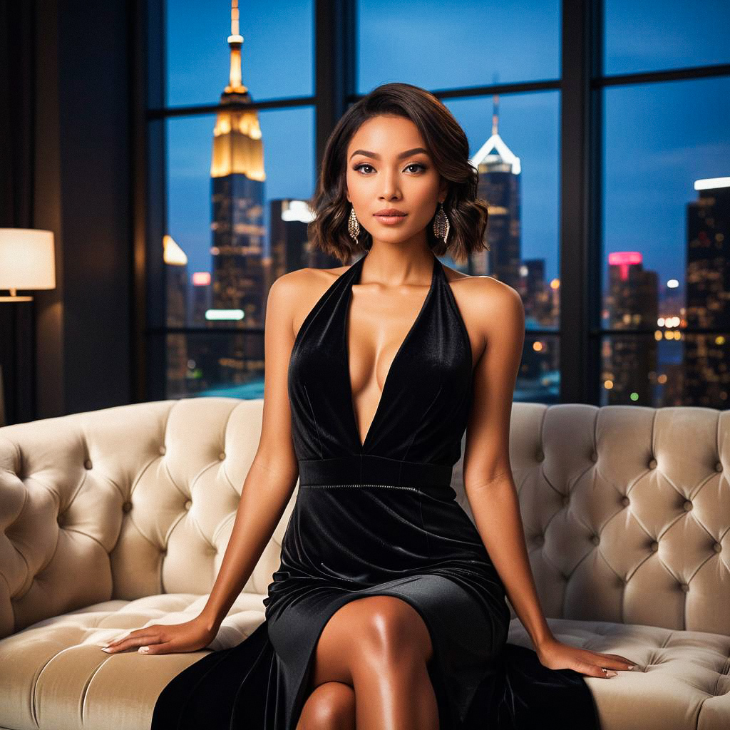 Elegant Woman in Black Evening Gown with City Skyline Elegant Woman in Black Evening Gown with City Skyline