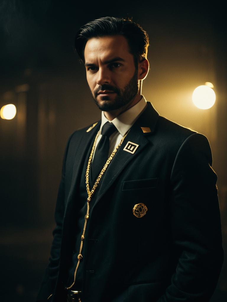 Man in Realistic Agent J Cosplay Costume with Gold Accents
