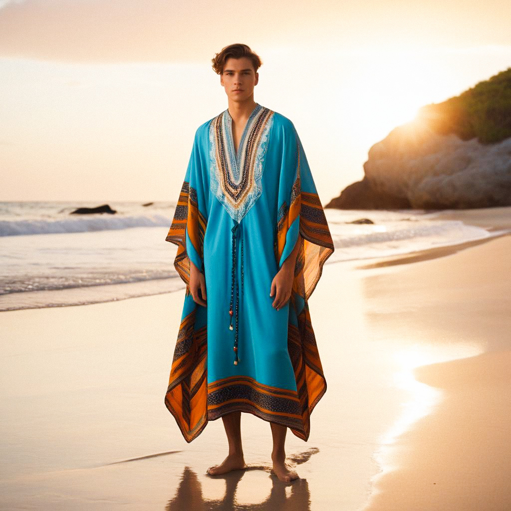 Man in Blue Kaftan at Sunset Beach