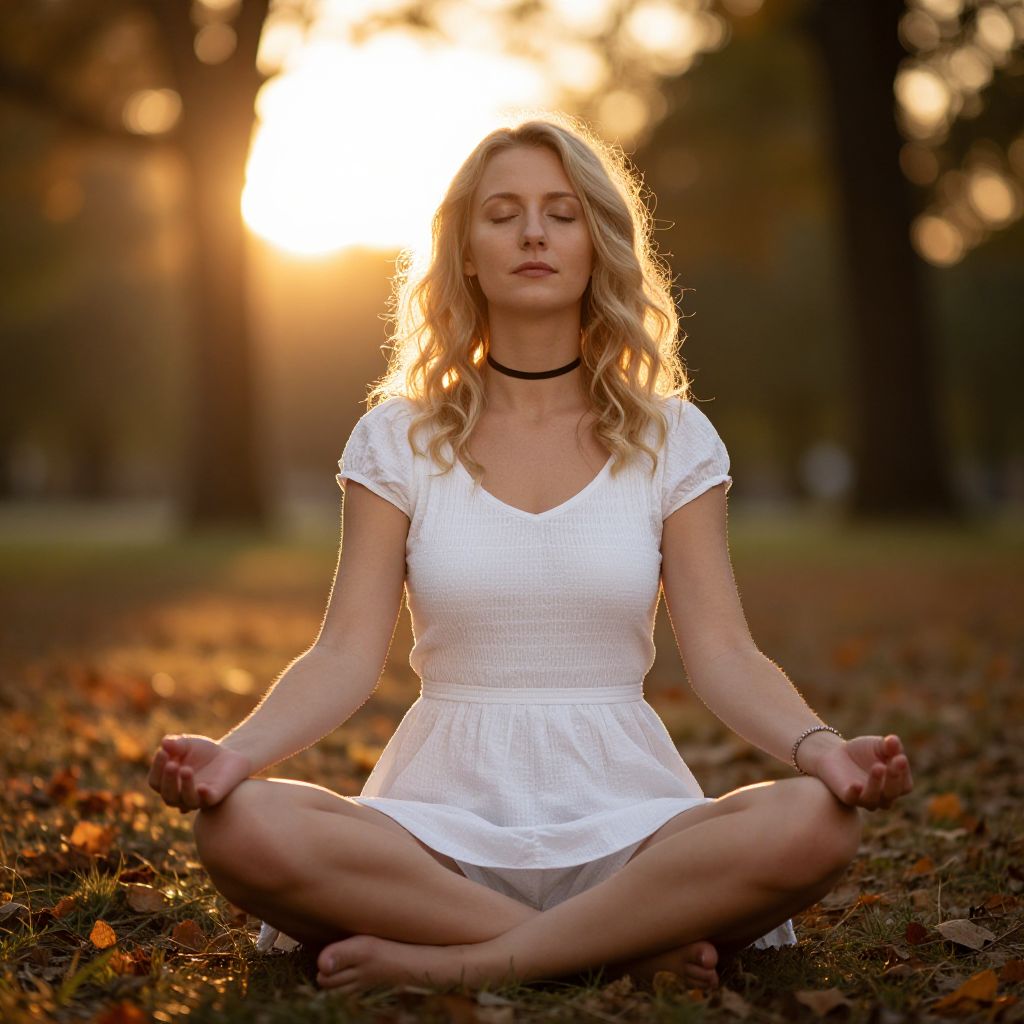 Blonde Woman Meditating Outdoors in White Dress at Sunset