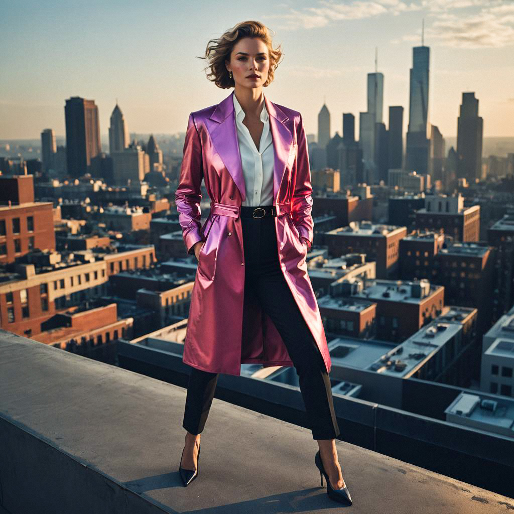 Confident Woman in Pink Coat Overlooking City at Sunset