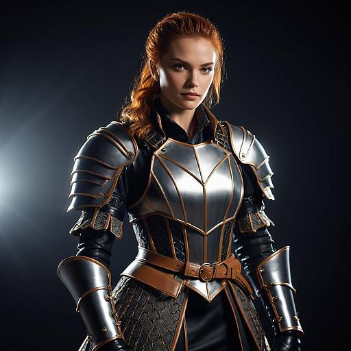 Woman in Medieval Style Armor with Red Hair in Dramatic Lighting
