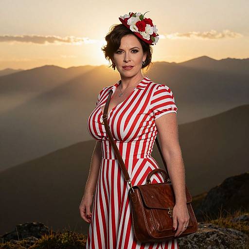 Woman in Vintage Red and White Striped Dress with Floral Headpiece at Sunset