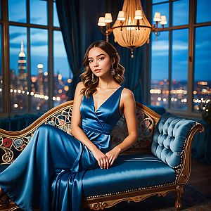 Elegant Woman in Blue Gown on Vintage Sofa