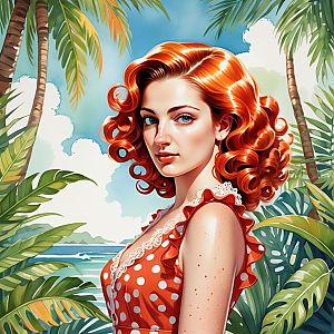Vibrant Woman in Red Polka Dot Dress with Tropical Backdrop