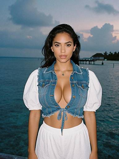 Woman in Technicolor Analog Film Style Wearing Cropped Denim Vest by the Ocean
